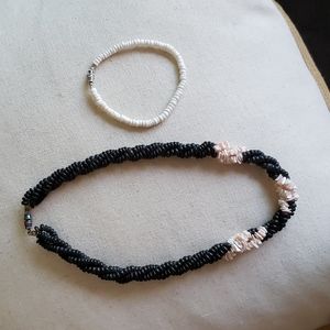 Pink Coral and black seed bead necklace, White Puka braclet
